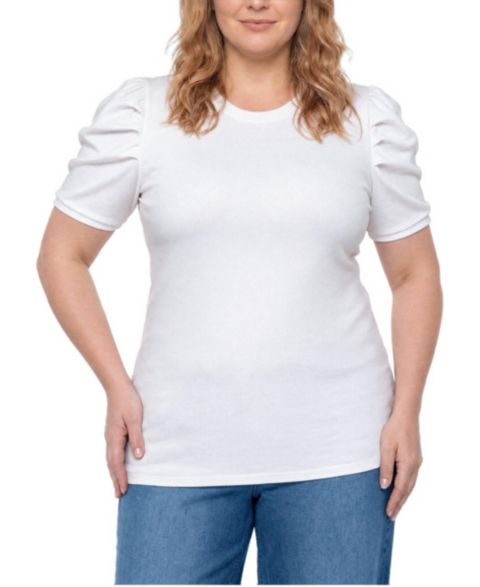 Женская футболка Torrid Plus Size Belle Isle Short-Puff Sleeves Ruched Cotton-Blend, цвет: Яркий белый