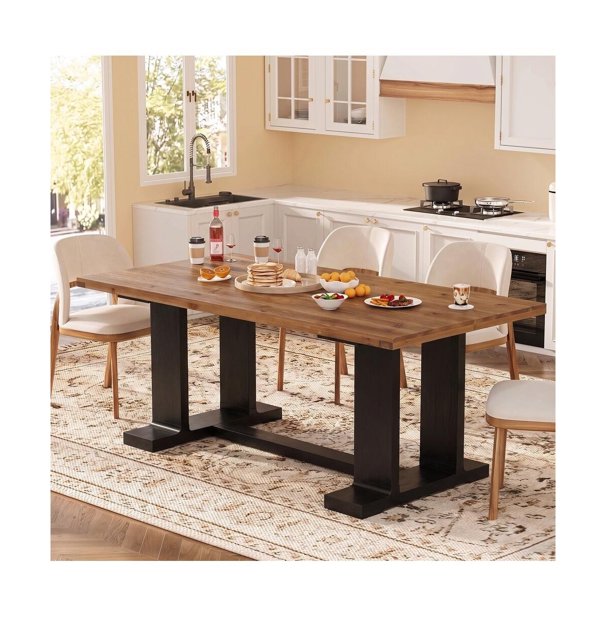 Tribesigns 63" Solid Wood Rectangular Dining Table for 4-6 People - Brown and black