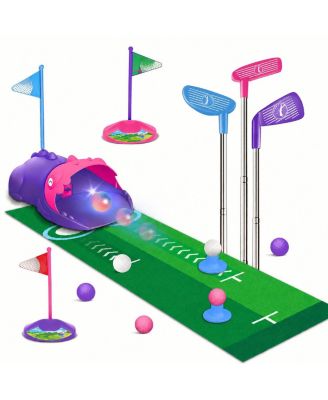 Upgraded Kids Golf Set Dinosaur Automatic Ball Returner LED Light Up Balls 3 Adjustable Clubs Putting Mat 3-8 Mini Games Indoor Outdoor Play