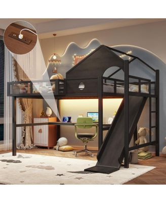  Full Size Metal Loft Bed with Slide, Desk, LED Lights and USB