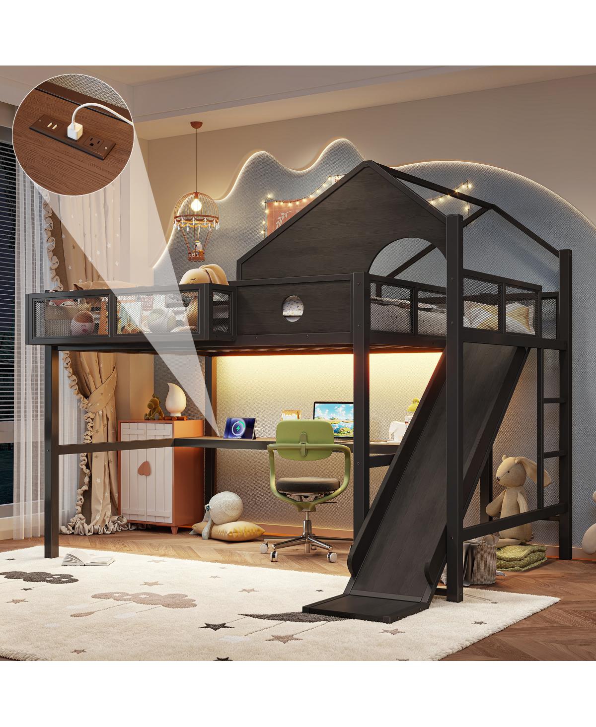 Streamdale Furniture Full Size Metal Loft Bed with Slide, Desk, Led Lights and Usb