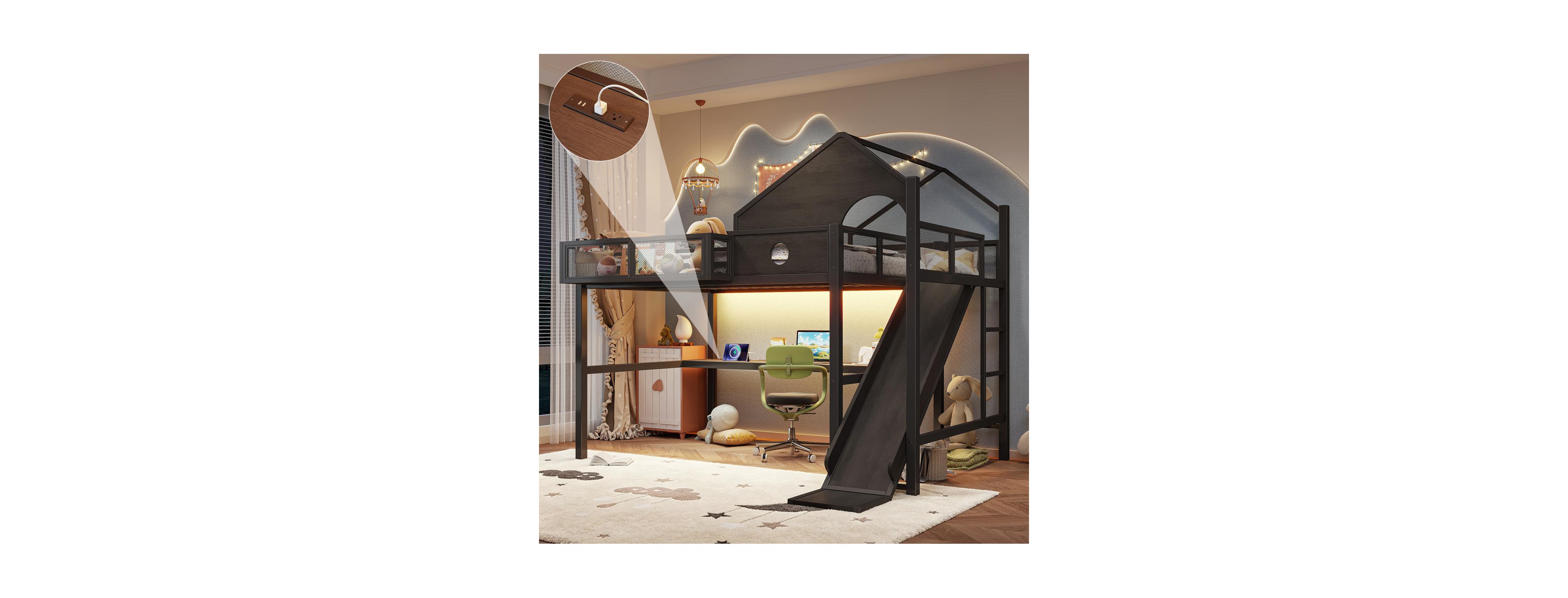 Streamdale Furniture Full Size Metal Loft Bed with Slide, Desk, Led Lights and Usb