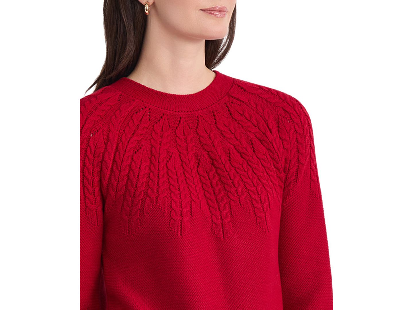 Женский свитер Jones New York Petite Cable Yoke Cable-Knit 3/4-Sleeve Pullover, цвет: Красный — фото 3