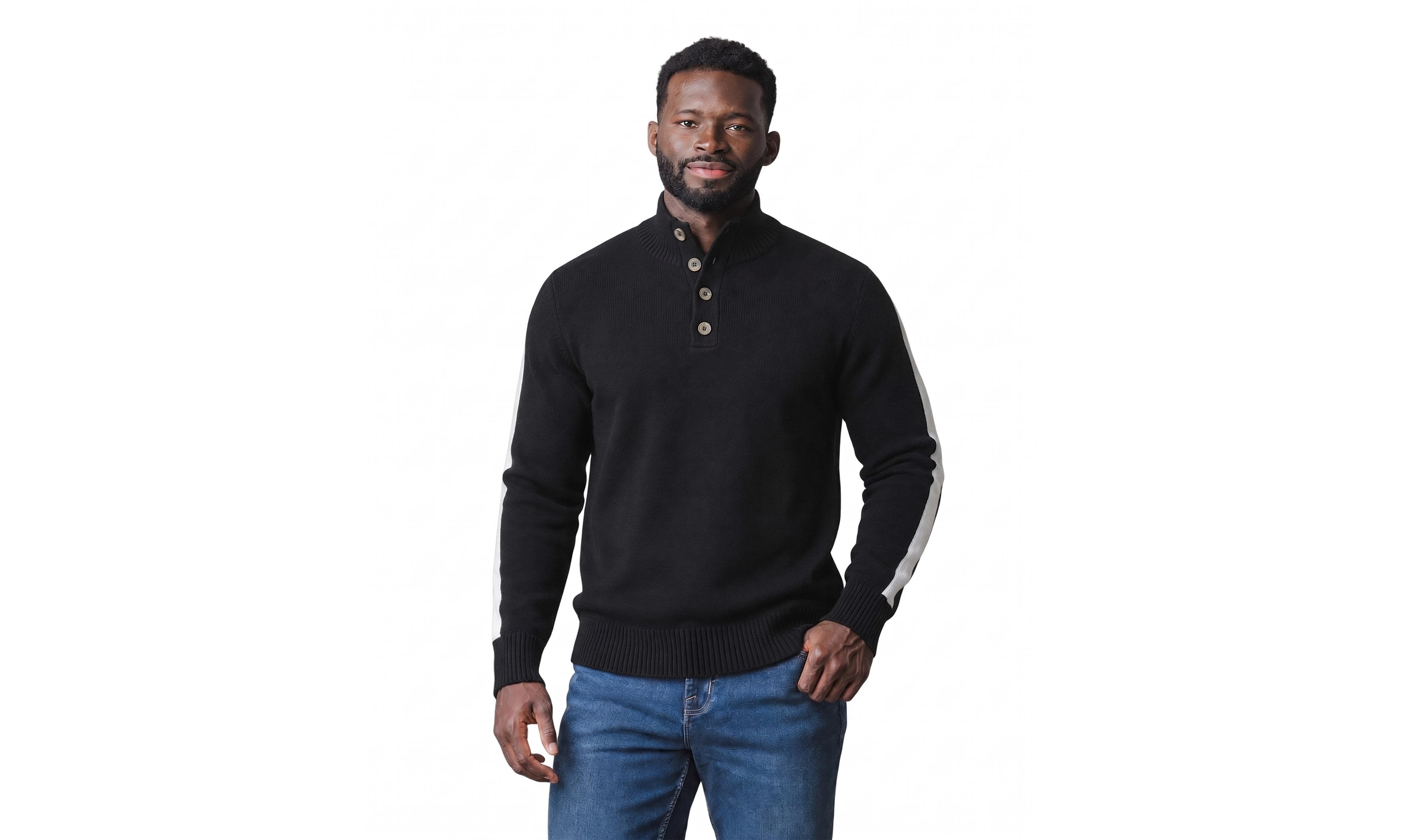Hope & Henry Men's Cotton Knit Mock Neck Contrast-Stripe Sweater