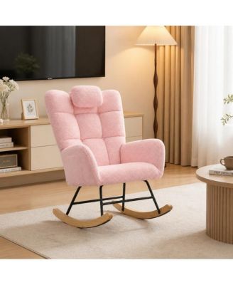 Upholstered Rocking Chair for Bedroom Nursery, High Back Glider Rocker with Removable Pillow and Side Pocket, Accent Armchair