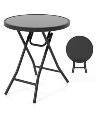 18 Inch Metal and Tempered Glass Round Folding Patio Side Table