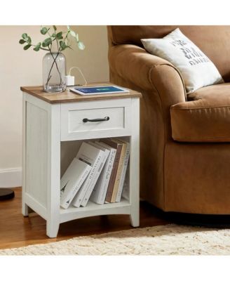 Nightstands with Charging Station, Bedside Tables with Open Shelf, Farmhouse Side Tables for Bedroom, Drawer, Set of 2