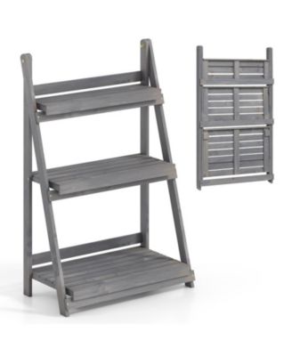 3-Tier Foldable Fir Wood Plant Stand with Slatted Ladder Shelves