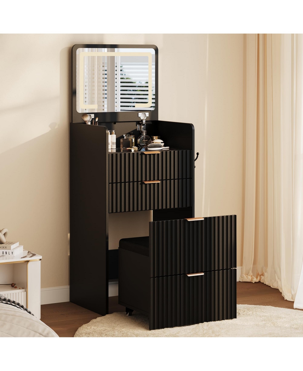 Gaomon 3 in 1 Vanity Desk with 3 Drawers and Rolling Stool, Compact Vanity with Flip Top Mirror and Lights - Black