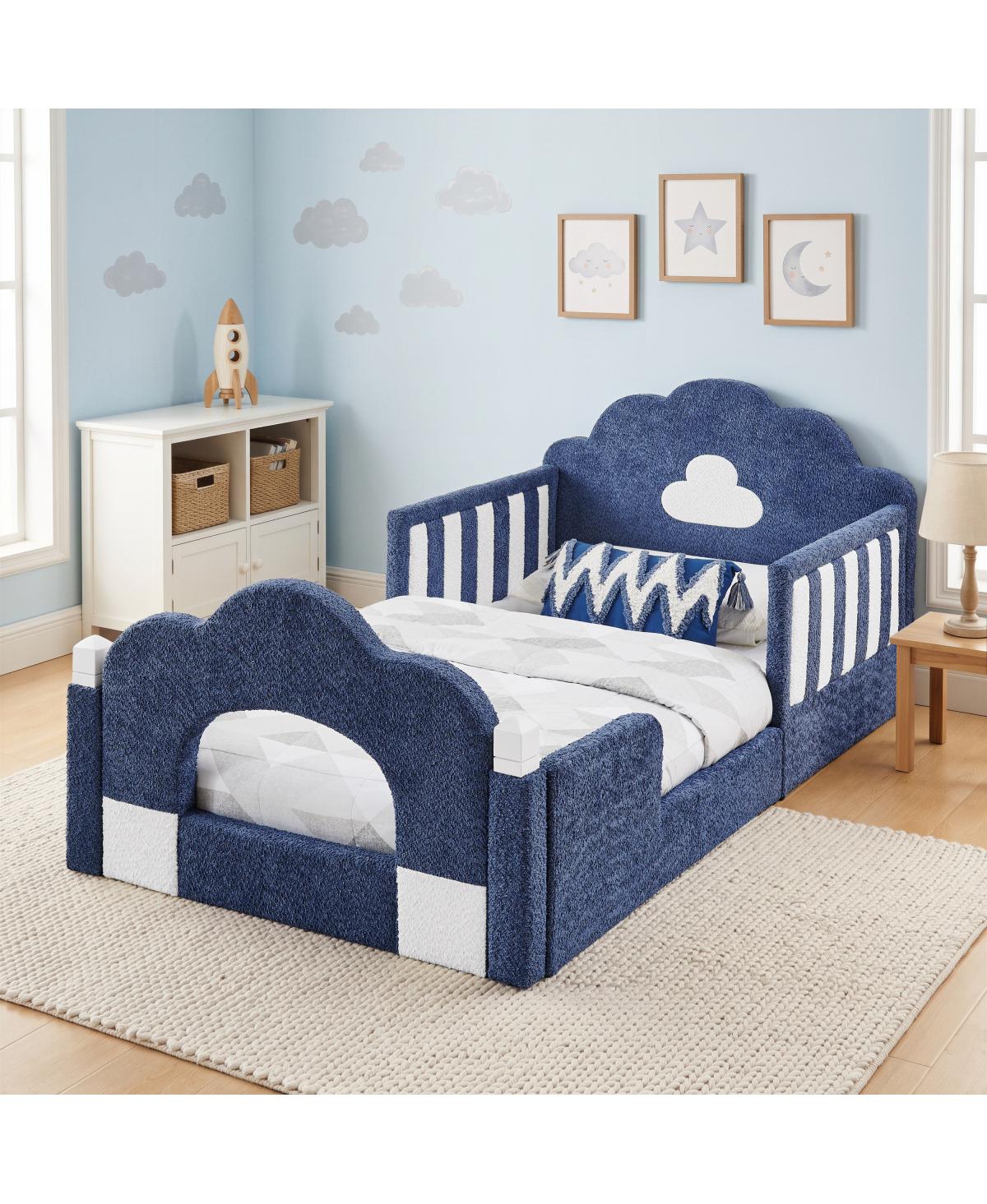 Streamdale Furniture Twin Cloud Bed with Safety Guardrail, Solid Wood, Boucle Fabric