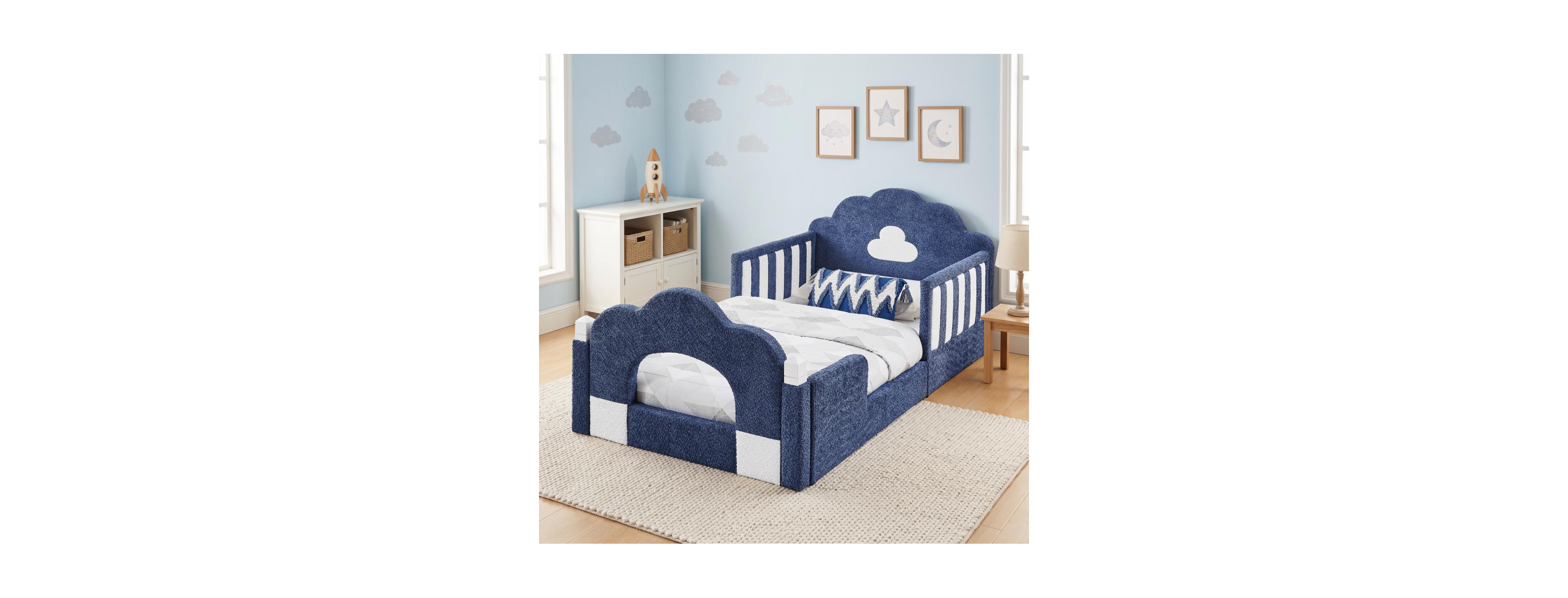 Streamdale Furniture Twin Cloud Bed with Safety Guardrail, Solid Wood, Boucle Fabric