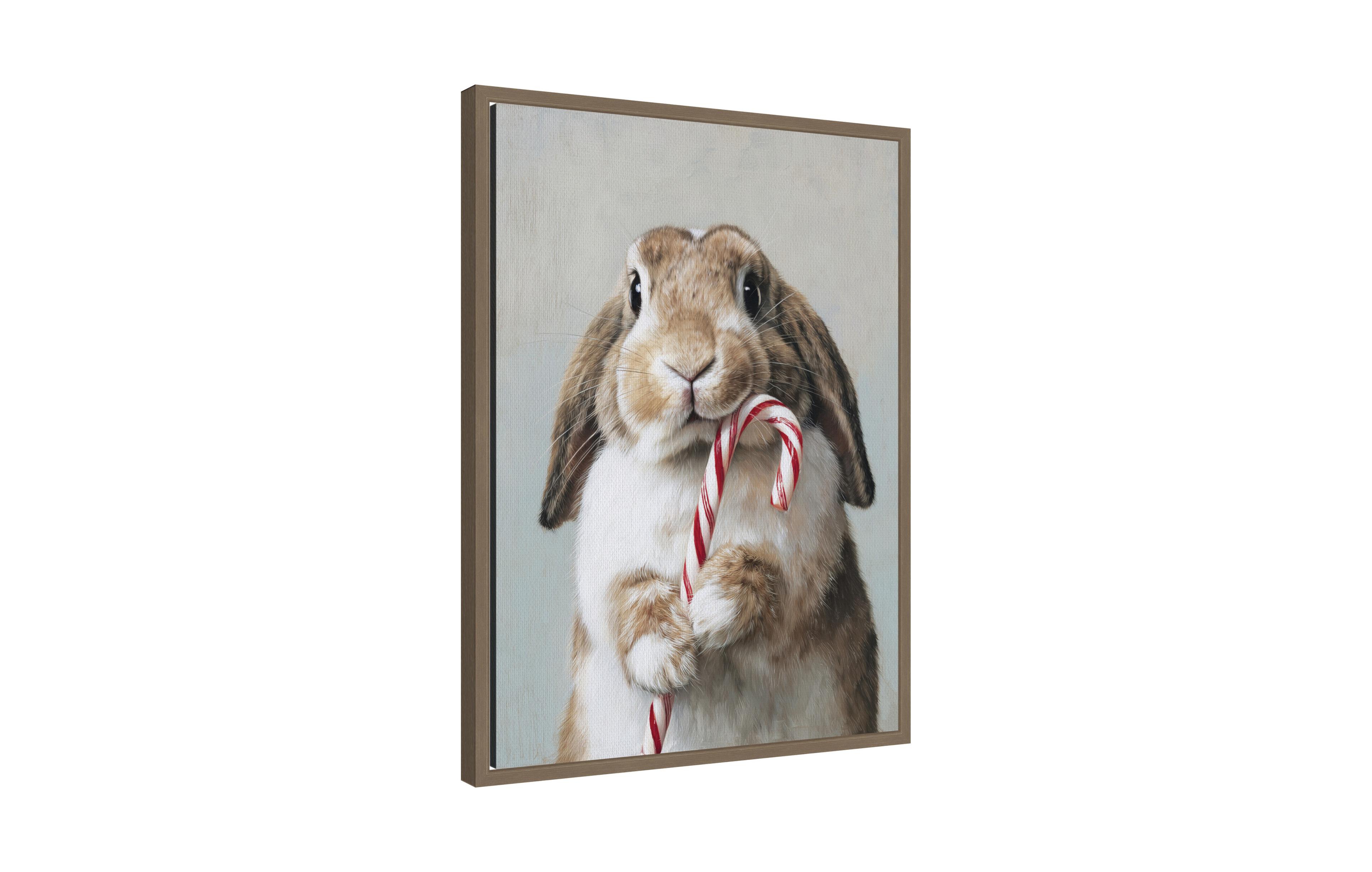Kate and Laurel Sylvie Framed Canvas Cute Bunny Candy Cane by The Creative Bunch Studio