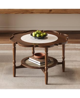 Mid-Century Petal Glass and Rattan 2-Tier Coffee Table,31.5