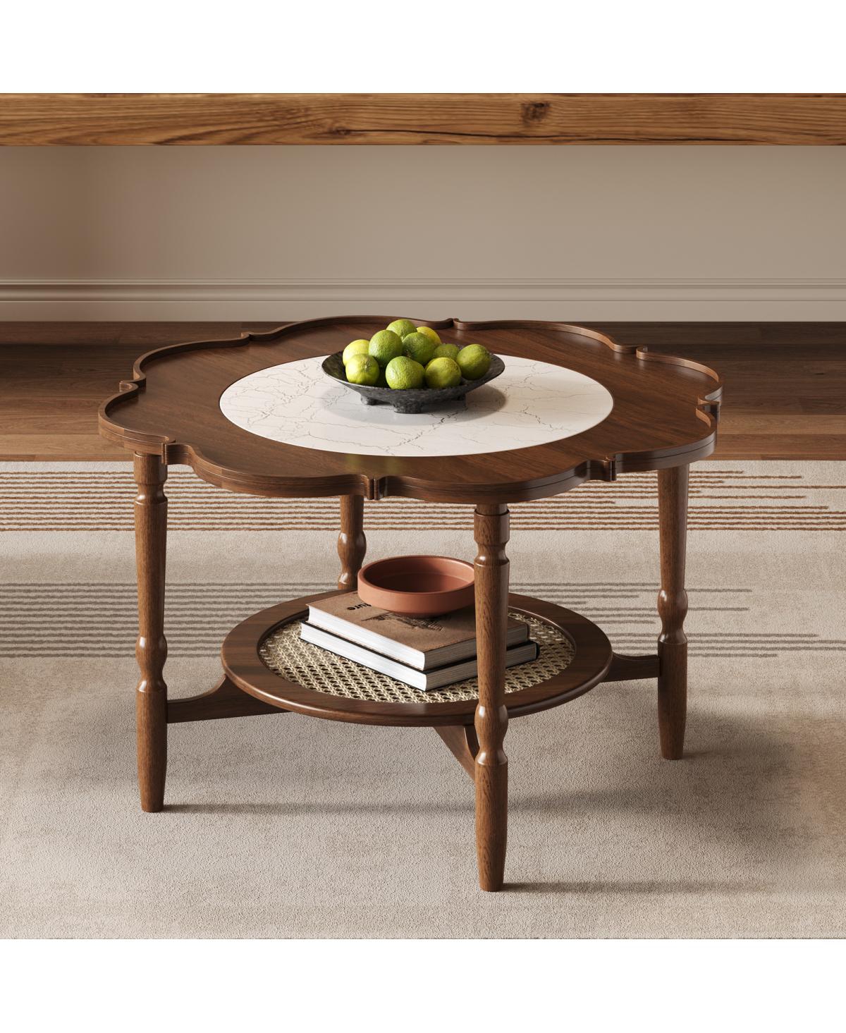 Streamdale Furniture Mid-Century Petal Glass and Rattan 2-Tier Coffee Table,31.5