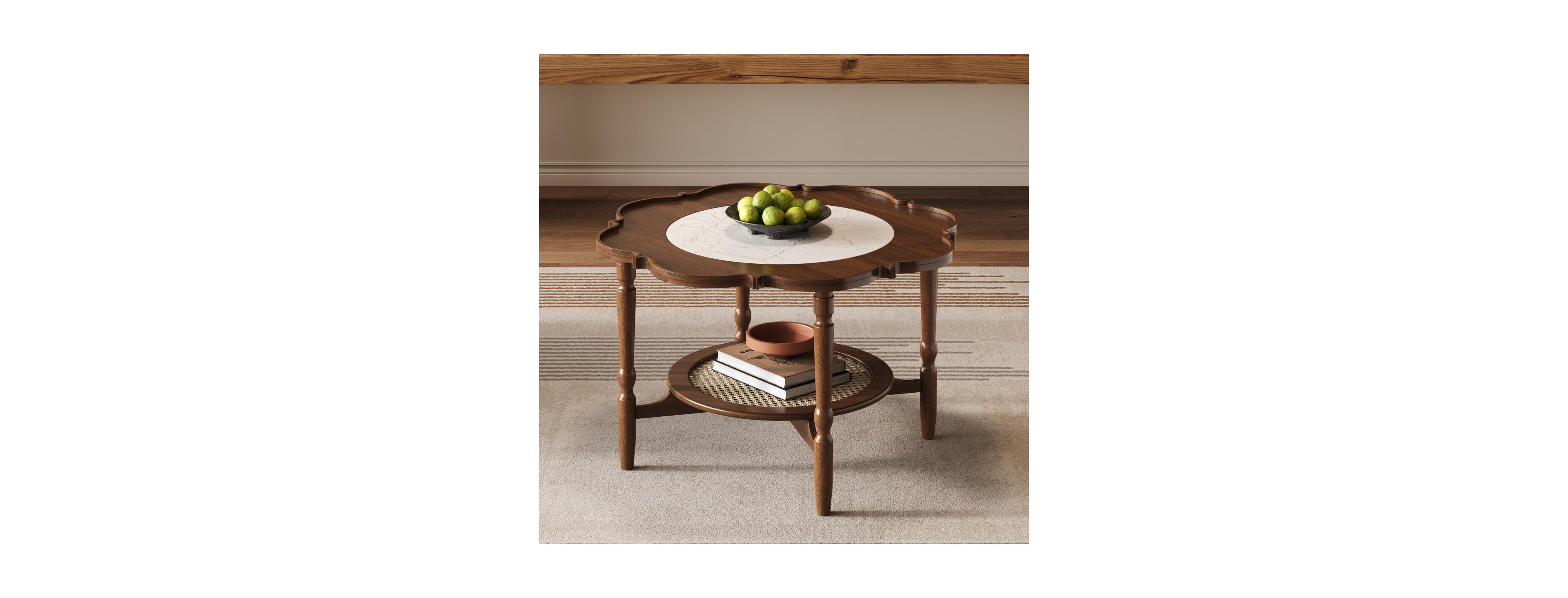Streamdale Furniture Mid-Century Petal Glass and Rattan 2-Tier Coffee Table,31.5