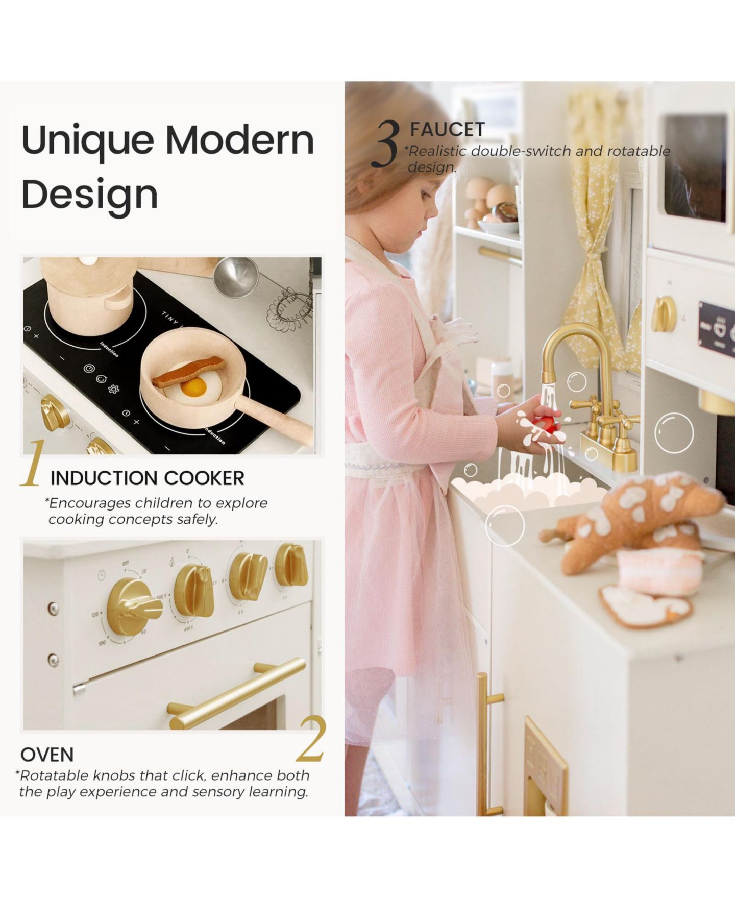Детские игрушки Tiny Land Iconic Wooden Play Kitchen - Cream Pretend Cooking Set for Kids — фото 9