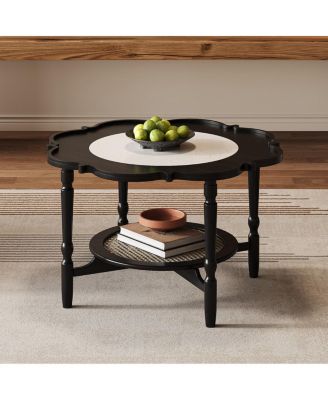 Mid-Century 2-Tier Petal Coffee Table with Rattan and Glass, 31.5