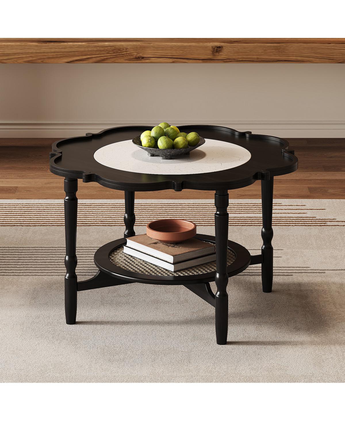 Streamdale Furniture Mid-Century 2-Tier Petal Coffee Table with Rattan and Glass, 31.5