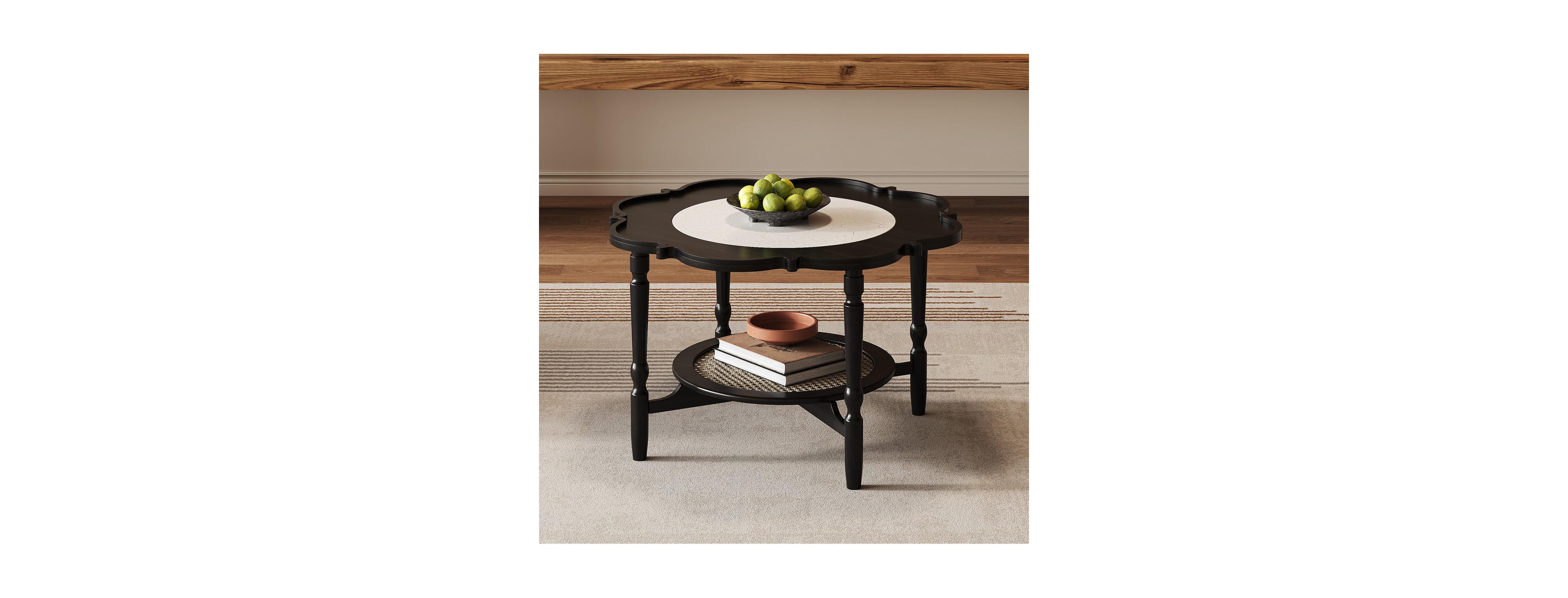 Streamdale Furniture Mid-Century 2-Tier Petal Coffee Table with Rattan and Glass, 31.5