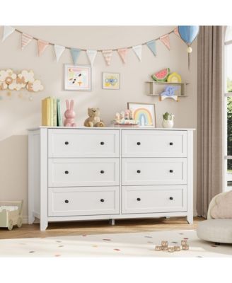 6-Drawer Wooden Dresser, 54 Inch Wide Storage Chest of Drawers with Anti-Tip Design, Modern Dresser for Bedroom, Nursery, Living Room