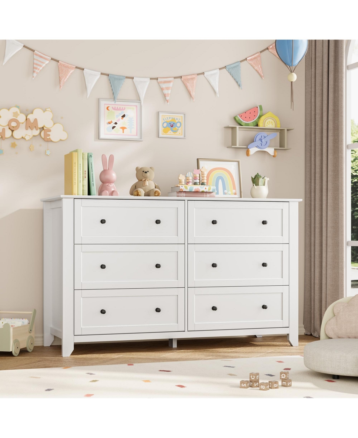homfan 6-Drawer Wooden Dresser, 54 Inch Wide Storage Chest of Drawers with Anti-Tip Design, Modern Dresser for Bedroom, Nursery, Living Room