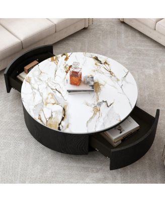 Round Faux Marble Coffee Table with Storage