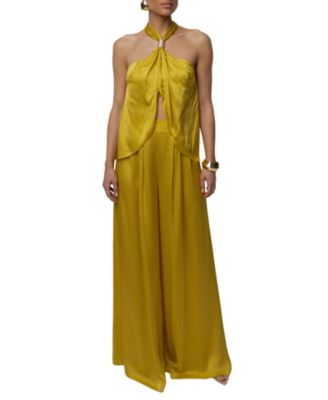 Women's Cascade Halter-Neck Wide-Leg Satin Blouse and Pants, 2-Piece Set