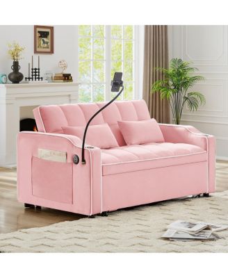 Foldable Double Seat Velvet Sleeper Sofa Bed with USB Port and Adjustable Backrest