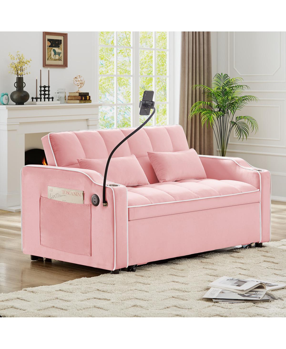 Streamdale Furniture Foldable Double Seat Velvet Sleeper Sofa Bed with Usb Port and Adjustable Backrest