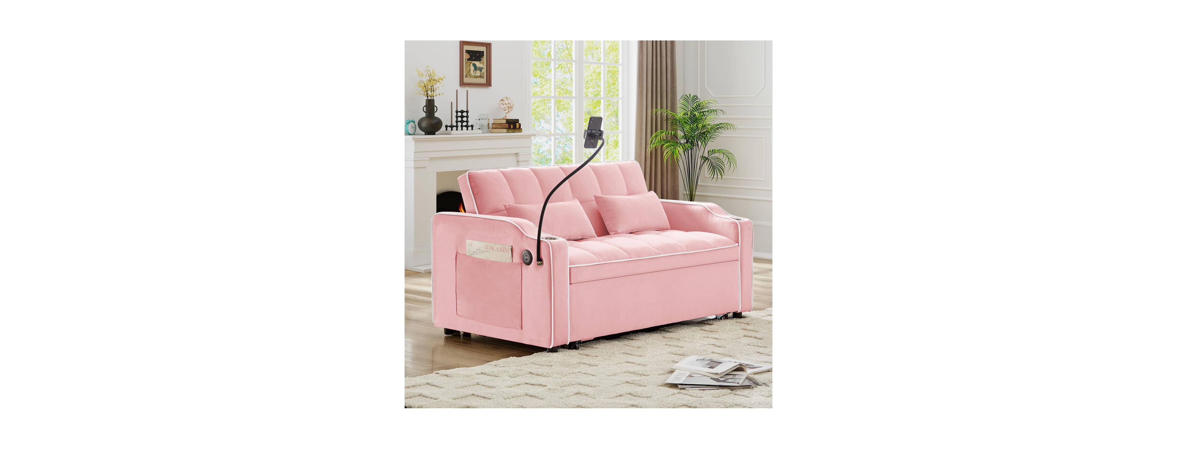 Streamdale Furniture Foldable Double Seat Velvet Sleeper Sofa Bed with Usb Port and Adjustable Backrest
