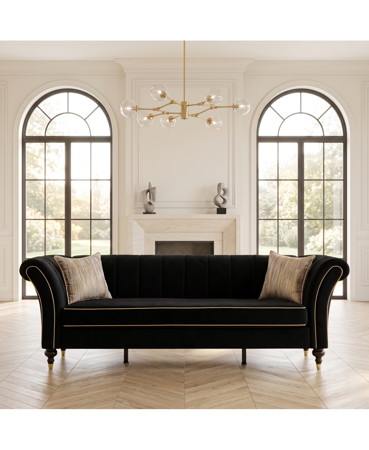 Streamdale Furniture Modern 89.5-Inch Velvet Sofa with Rolled Arms and Gold Accents