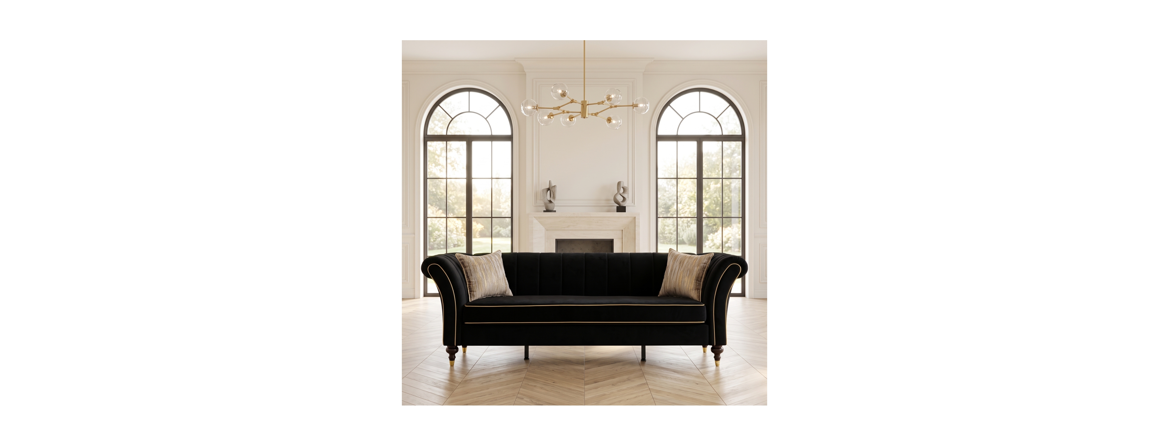 Streamdale Furniture Modern 89.5-Inch Velvet Sofa with Rolled Arms and Gold Accents