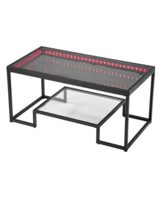 39 Inch Two Tier Tempered Glass Coffee Table with Accent Lighting and Steel Frame