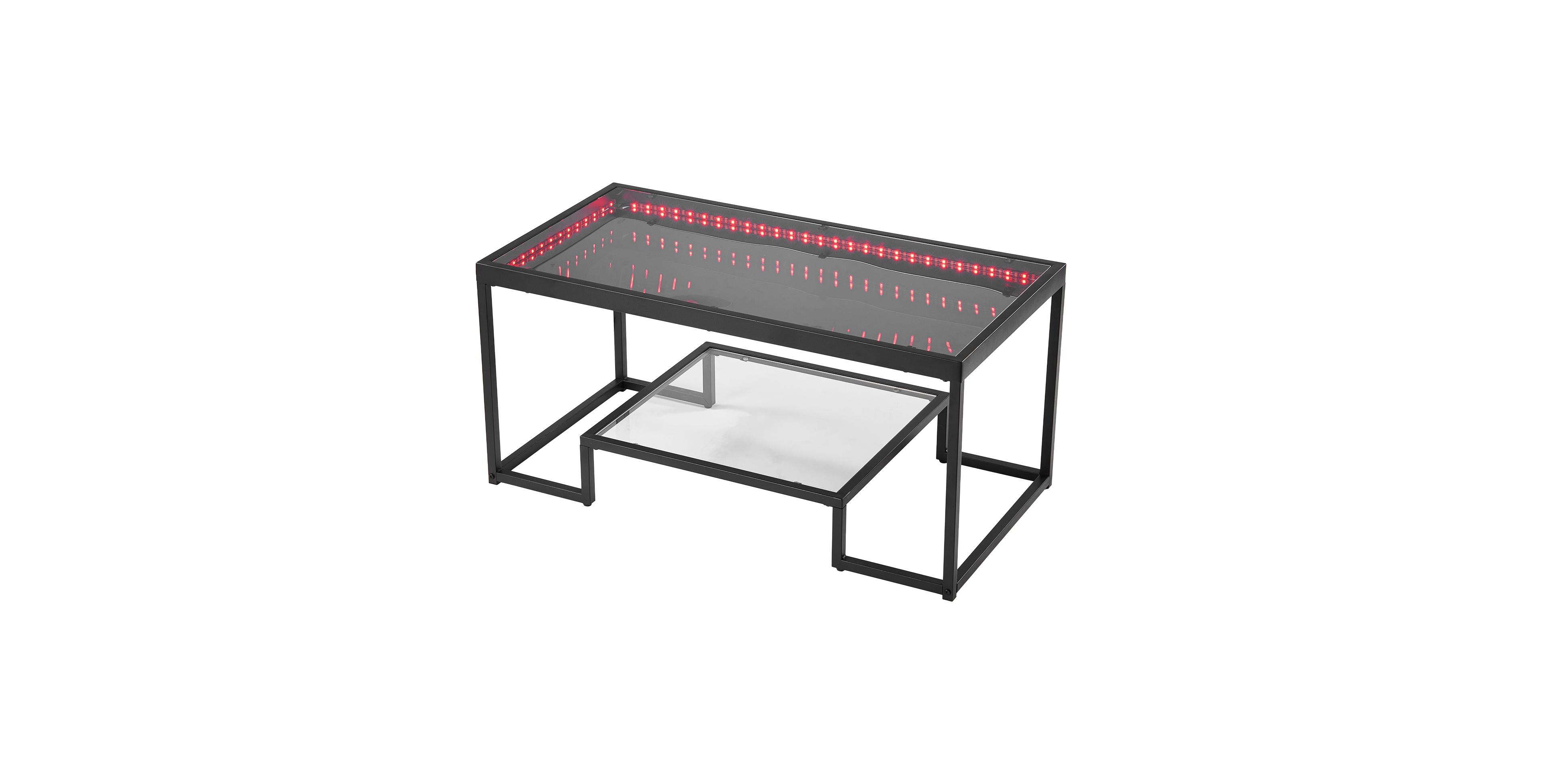 Gouun 39 Inch Two Tier Tempered Glass Coffee Table with Accent Lighting and Steel Frame