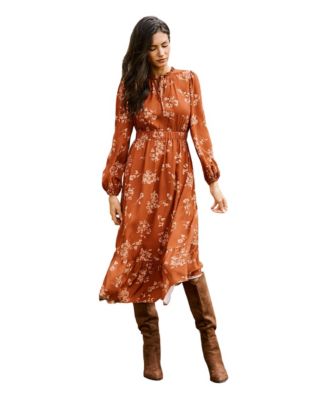 Women's Copper Glow Floral-Print Long-Sleeve Rayon Maxi Dress