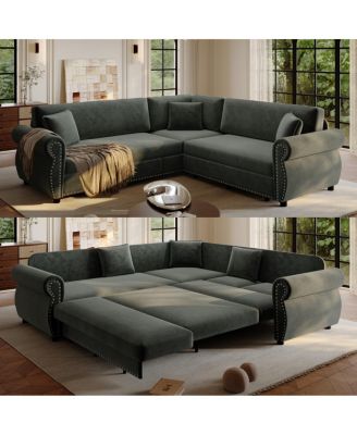  Chenille L-Shaped Pull-Out Sleeper Sofa with Nailhead Trim, Dark Grey