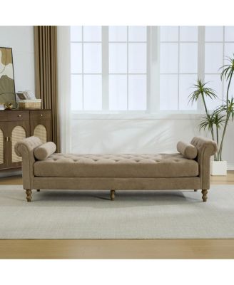 Modern Chenille Upholstered Bed Bench with Armrests and Pillows