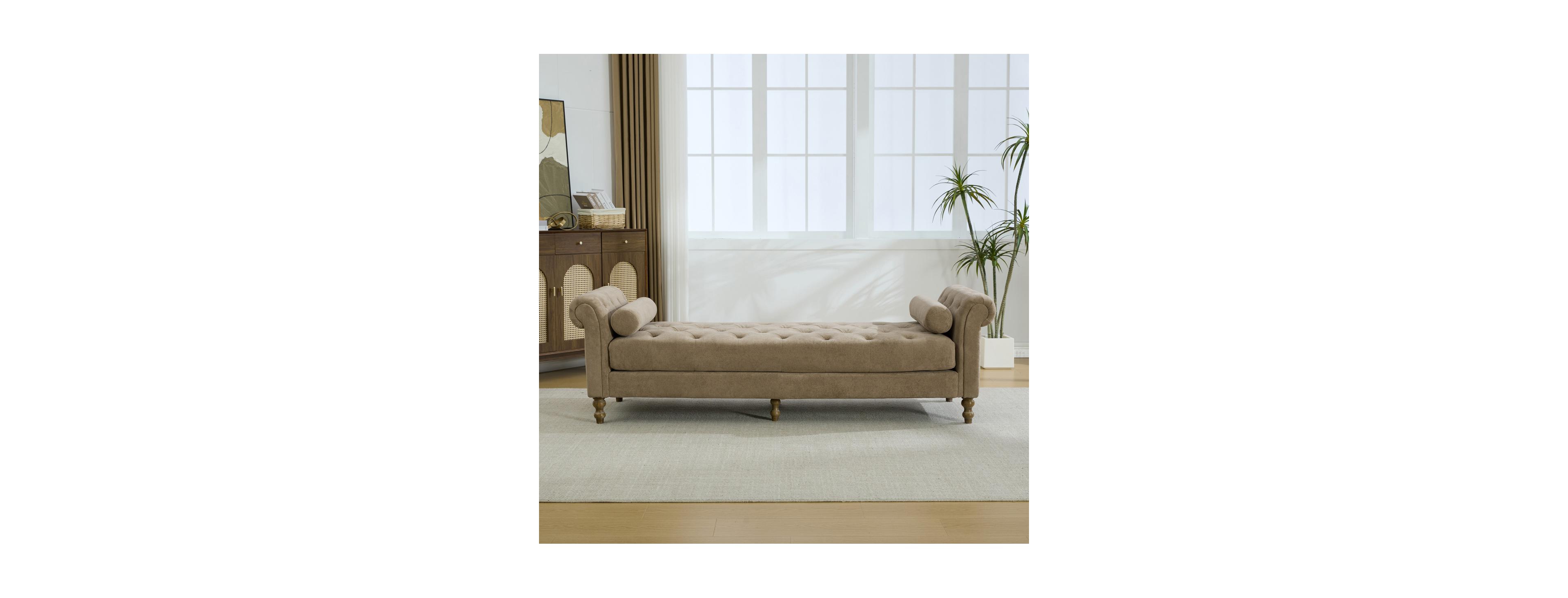 Streamdale Furniture Modern Chenille Upholstered Bed Bench with Armrests and Pillows