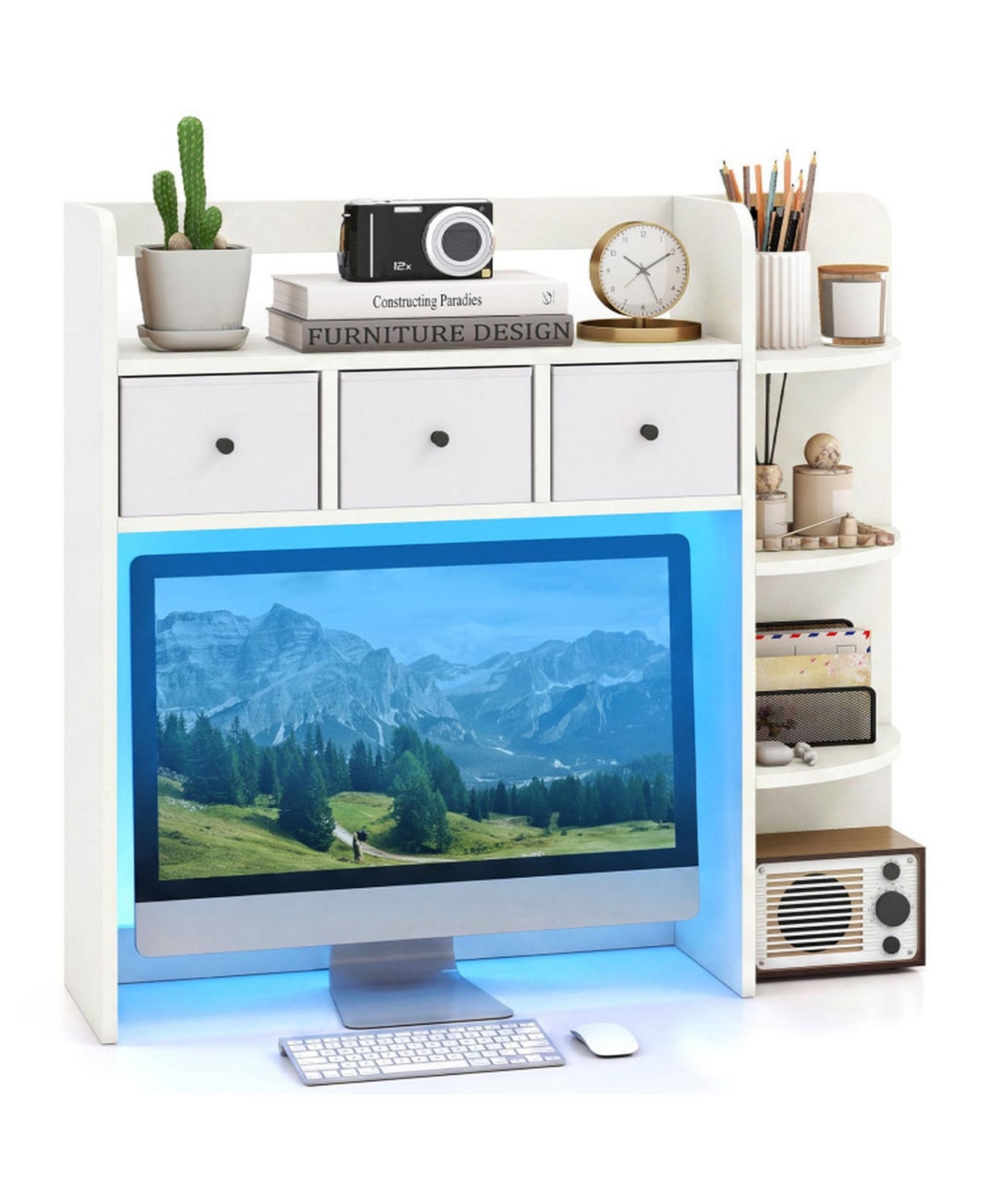 Gouun Desktop Bookshelf with Rgb Lights 5-Tier Shelves and 3 Fabric Drawers - White