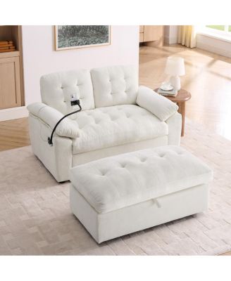 Double Recliner Sofa with USB, Phone Stand and Storage Ottoman