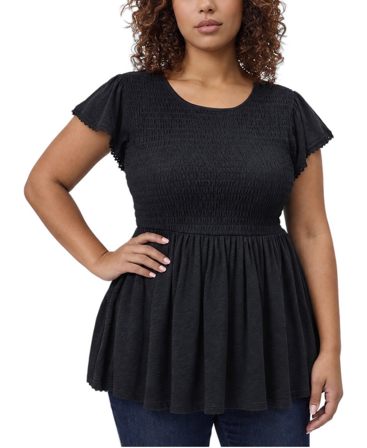 Torrid Plus Smocked Babydoll Lace Trim Top