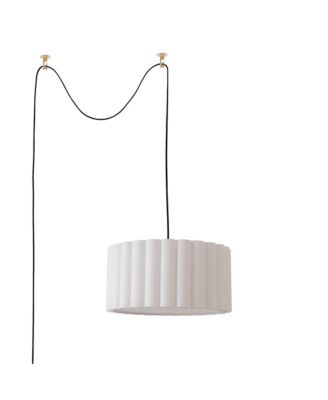 Scallop Swag Lamp - Weathered Brass Steel, Brass Steel Base, Linen Drum Shade, Dimmable, Bulb Included