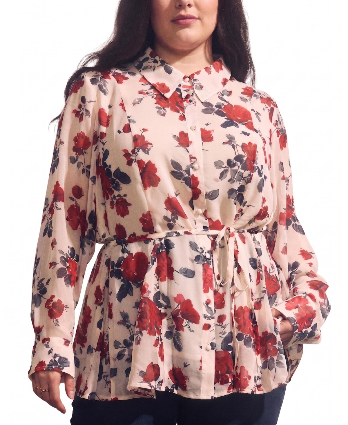 Universal Standard Plus Size Hermione Long-Sleeve Chiffon Flowy Hem Blouse - Magic rose print