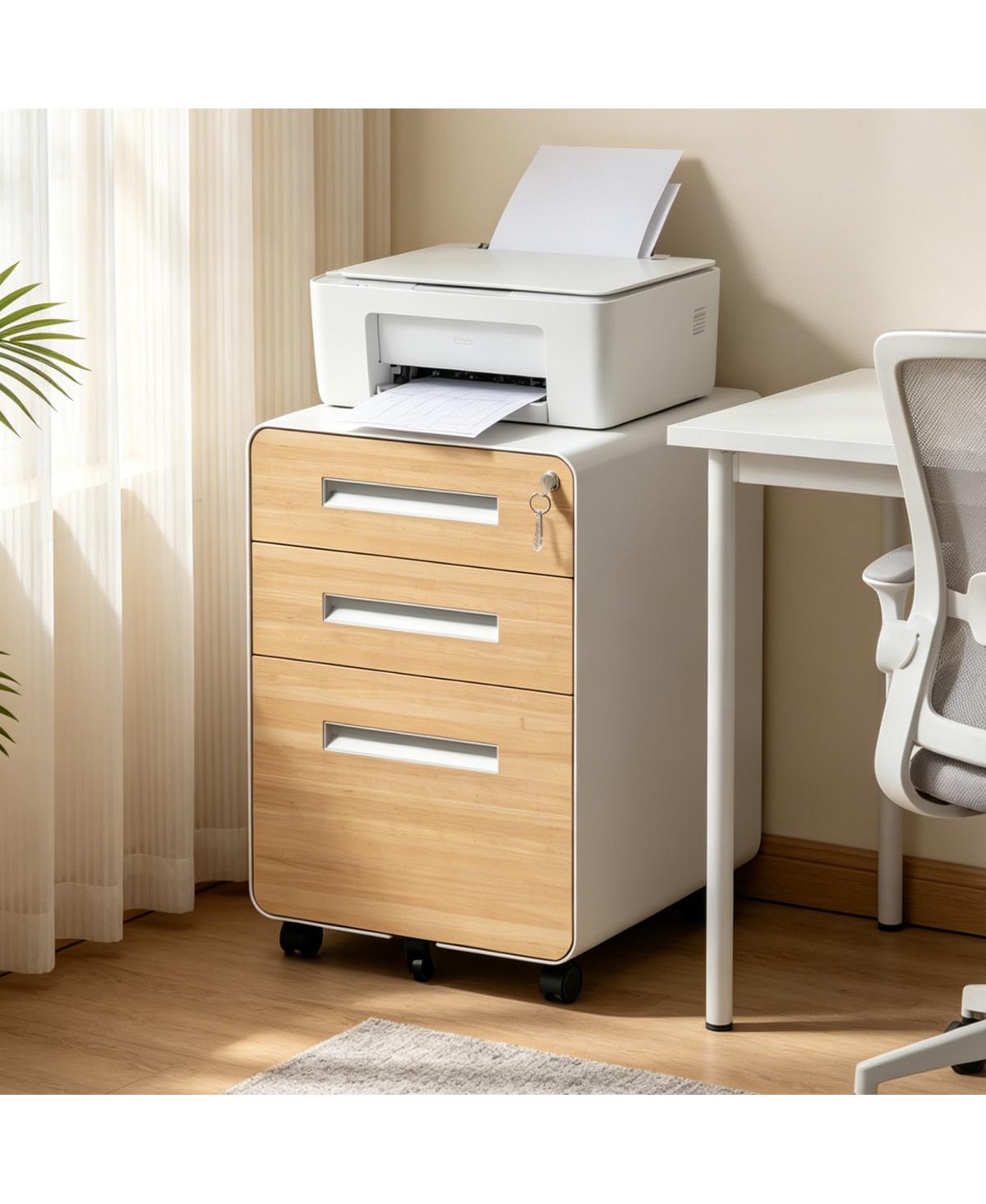 Streamdale Furniture 3-Drawer Metal Mobile File Cabinet with Lock and Wheels, Wood Grain - White+oak