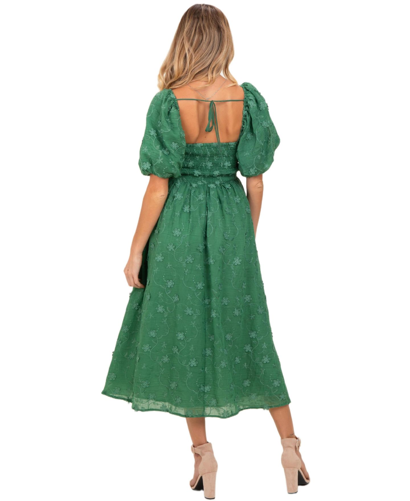 Женское платье Pinkblush Embroidered Floral Puff Sleeve Midi, цвет: Тёмно-зелёный — фото 3