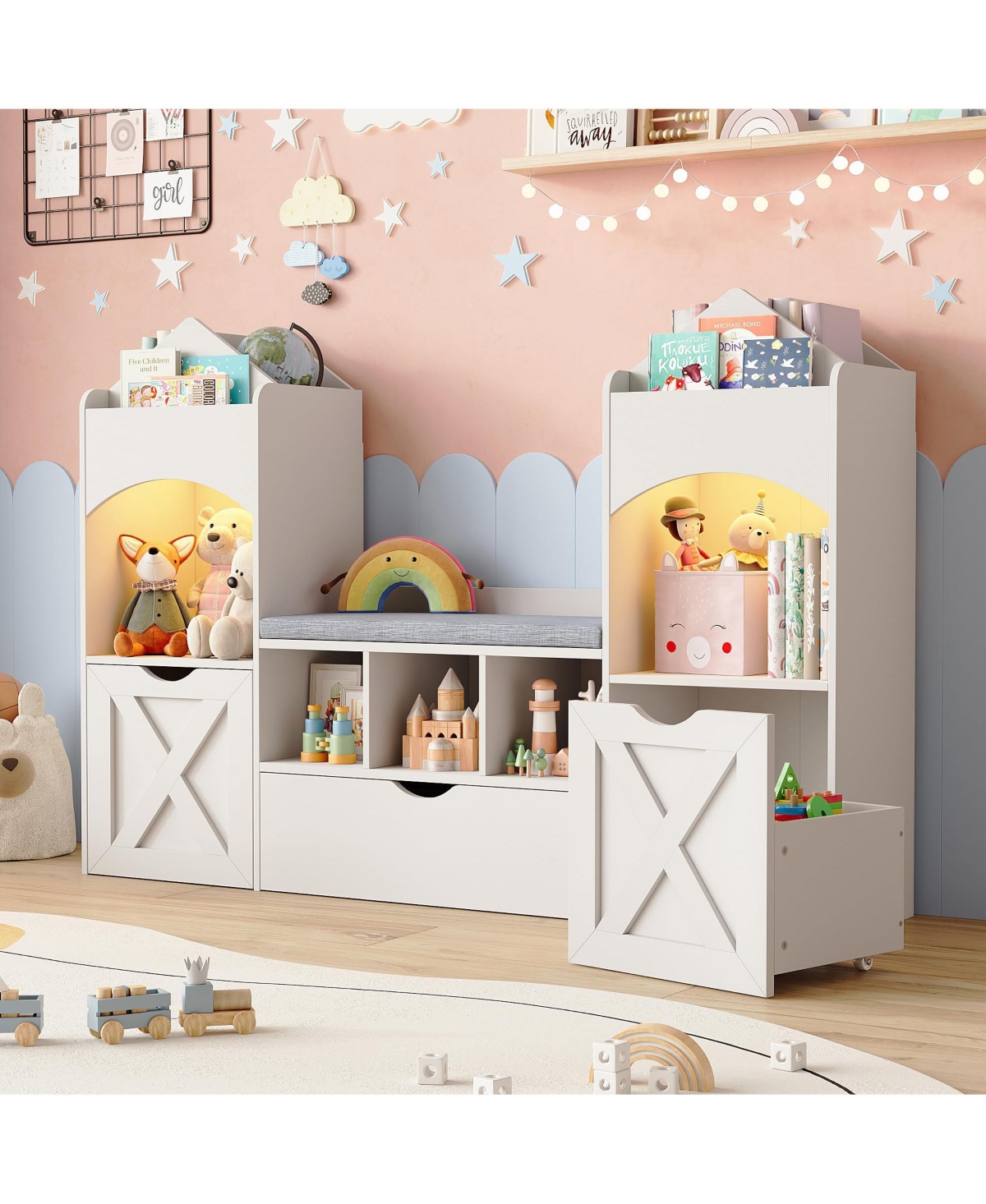 Vabches 54.3" W Castle-Shaped Kids Bookshelf with Reading Nook