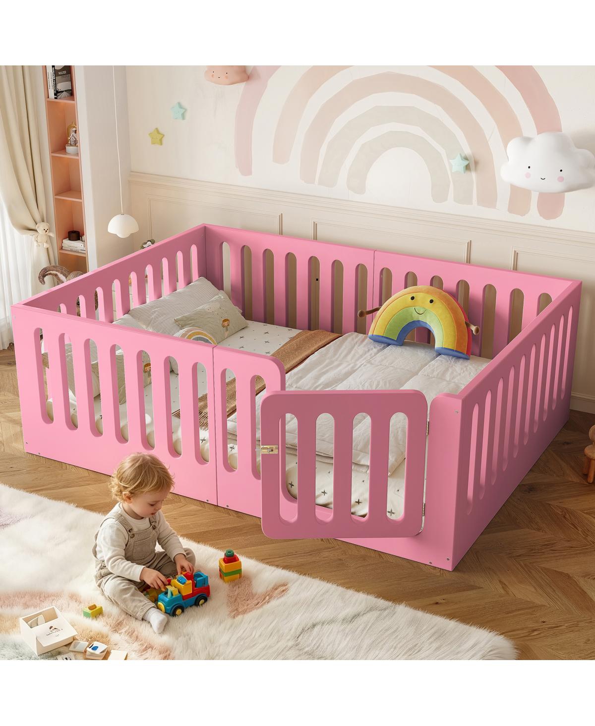 Streamdale Furniture Full Size Wood Floor Bed with High Fence and Door for Kids - Pink