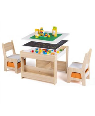 4 in 1 Kids Table and Chairs Set with Building Blocks Board and Bookshelves