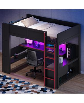 Wood Full Gaming Loft Bed with Desk, LED and Charging Station
