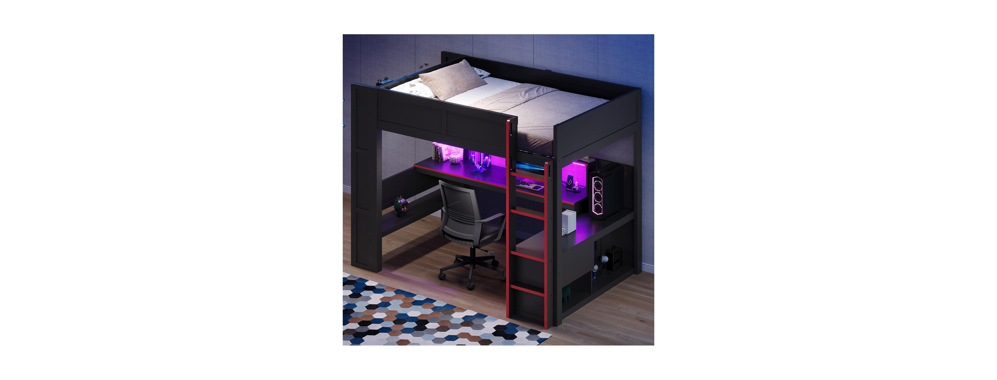 Streamdale Furniture Wood Full Gaming Loft Bed with Desk, Led and Charging Station